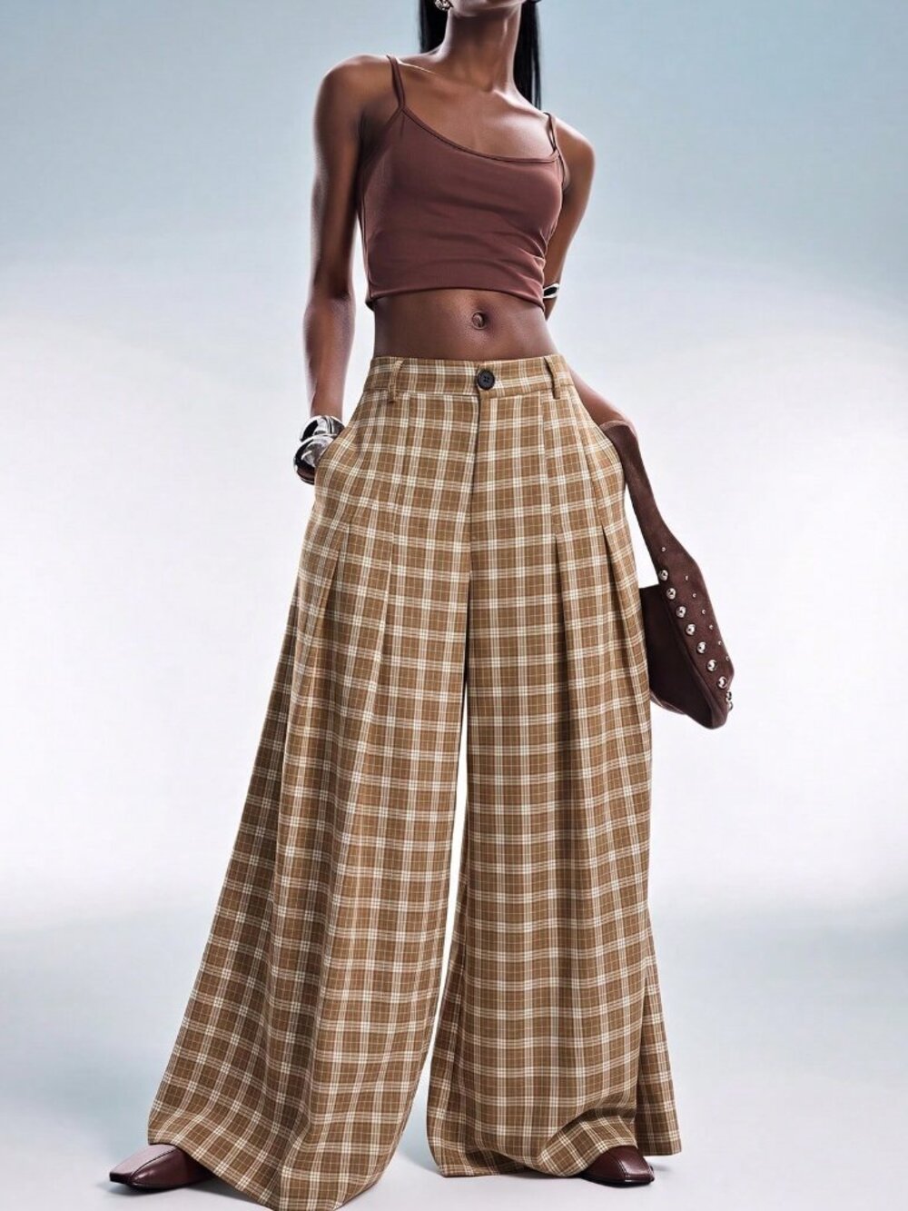 Multicolor Casual Women's Plaid Loose Wide Leg Long Pants - Picture 2 of 6